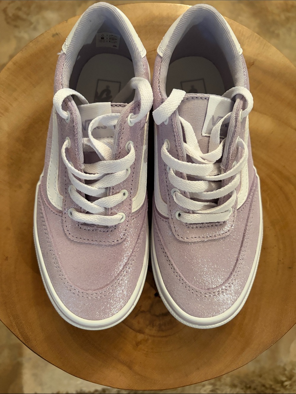 Girls Vans Lavender Shimmer Canvas Lace-Up Sneakers with White Stripe